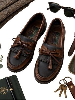 JJ Hobbs Brown Black Leather Kiltie Tassel Loafers Lug Sole Men’s Size 7 in EUC
